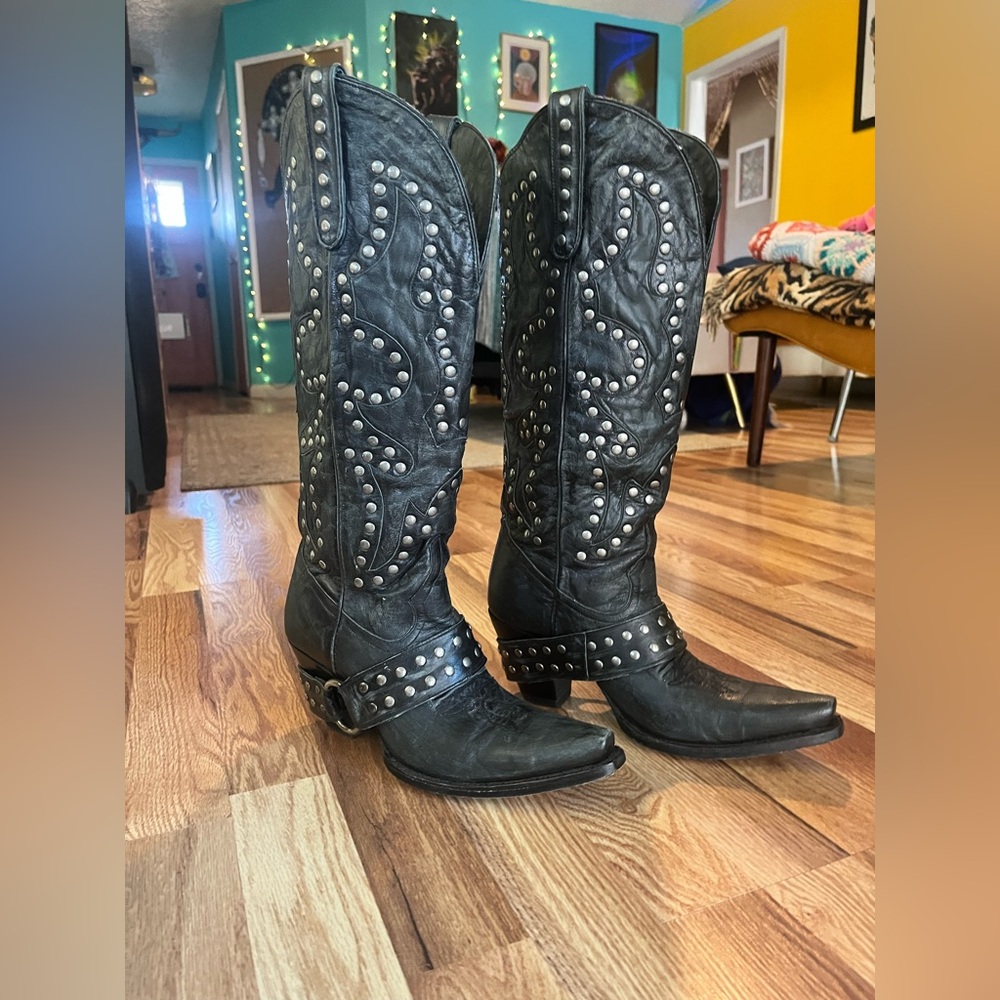 LANE BRYANT Studded Black Leather Cowboy Boots